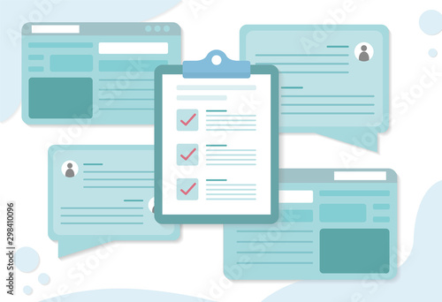 Checklists concept. Web and Chat messages background. Online application. Online shopping. Online store. Successful completion of business tasks. Flat vector illustration.