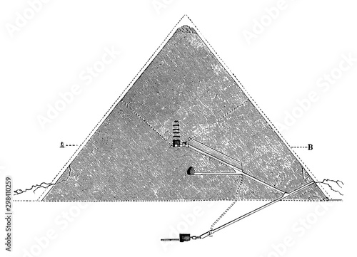 Great Pyramid of Giza, Cross Section, vintage engraving...