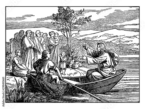 Jesus Teaches the Multitude on the Shore While He Sits in a Boat vintage illustration.