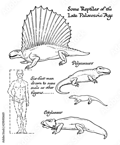 Reptiles of the late Paleozoic age, vintage illustration.