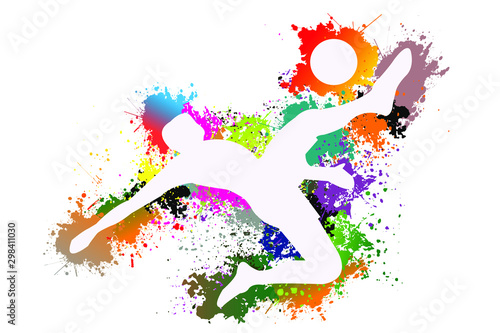 Soccer player kicks the ball, beautiful colors, drops ink splashes, logo, background. vector illustration.