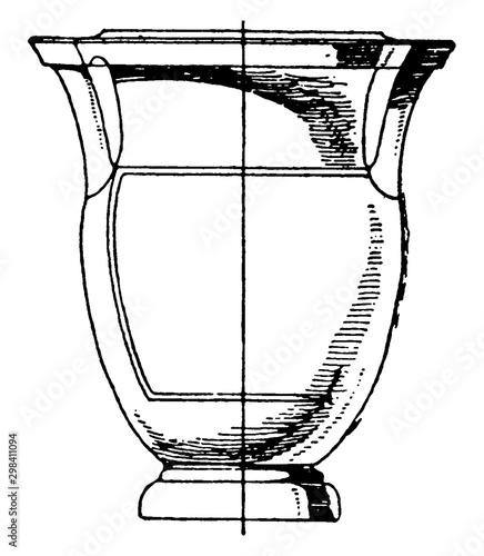 Greek Krater has columnar handles, vintage engraving.