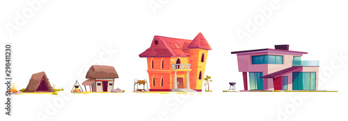Evolution of house architecture, cartoon vector illustration. Human home dwelling development process, hut of branches icon, medieval rural house, old stone mansion and modern concrete villa isolated