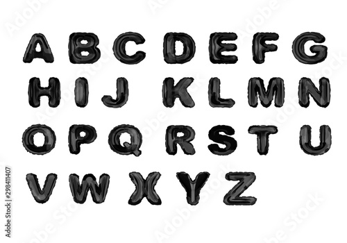 Alphabet black balloons realistic vector. Inflatable abc letters of dark metal foil for childrens parties, birthday celebrate, shining font type set isolated on white background