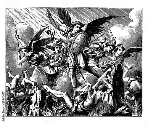 Lucifer's Fall from Heaven - Michael and Other Angels Fight Against the Vanquished Angels vintage illustration.