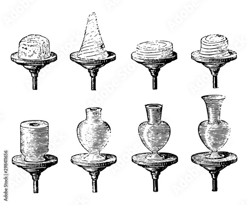 Successive Stages of Earthenware Vessel on the Potter's Wheel, vintage engraving.