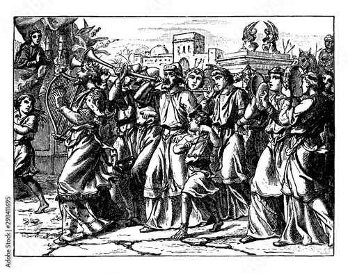King David Takes the Ark of the Covenant to Mount Zion vintage illustration.