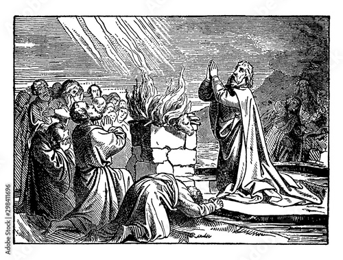 Photo Elijah Praying to God to Set Fire to His Altar in Front of the Prophets of Baal vintage illustration