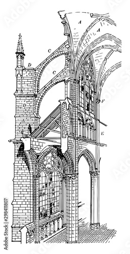 Amiens Cathedral, cross section of Gothic cathedral, vintage engraving.