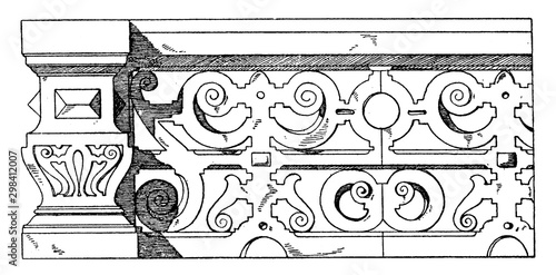 Stone Parapet design, building borders, vintage engraving.