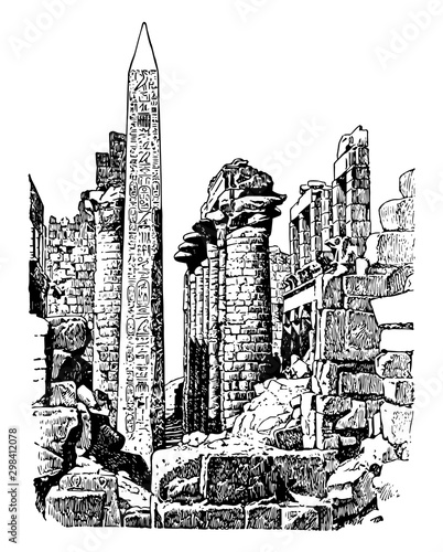 Temple of the Sun at Karnak, Gods, vintage engraving.