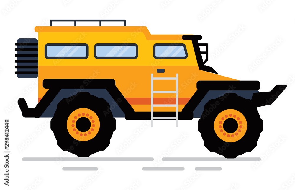 Off-road car in yellow color, side view of suv with stairs and trick, construction equipment. Automobile with big wheels, rally auto, transportation. Vector illustration in flat cartoon style