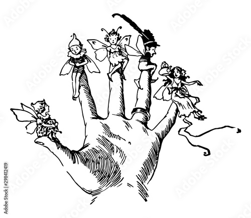 Finger Fairies sitting, vintage engraving.