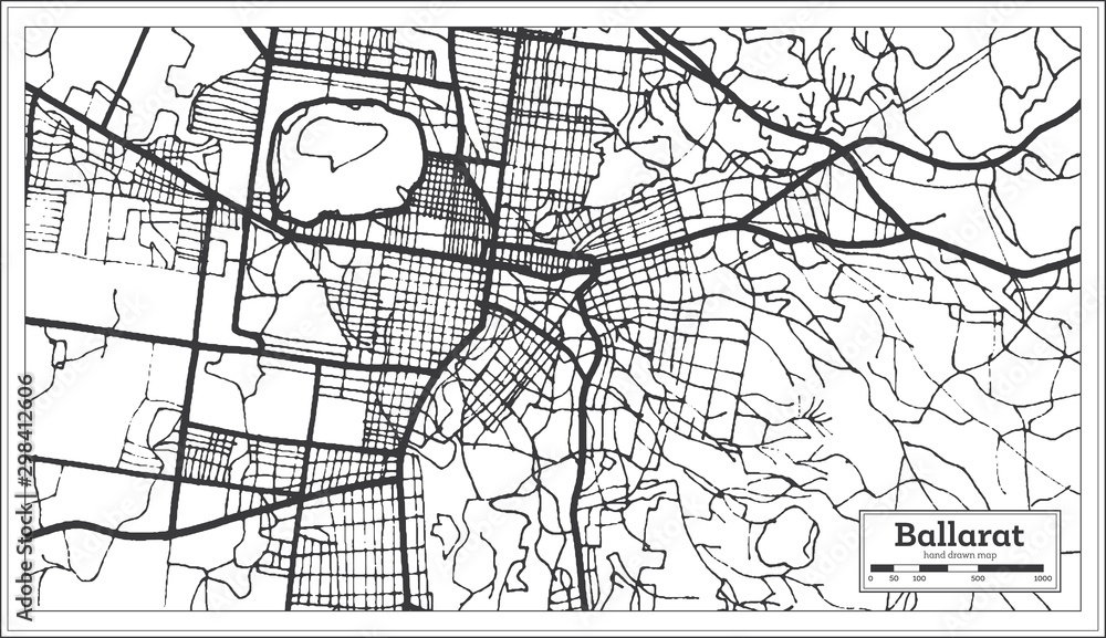 Ballarat Australia City Map in Black and White Color. Outline Map.
