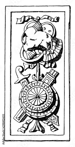 Trophy Plaque Panel decoration was found on the tomb of Galeazzo Pandona, vintage engraving.