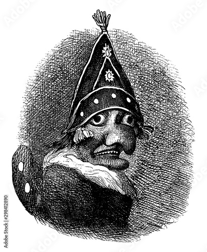 Mr. Punch is a puppet from the popular English puppet show Punch and Judy, vintage engraving.