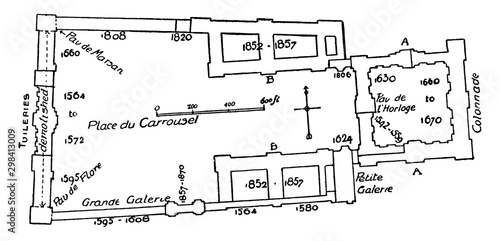 Plan of Louvre and Tuileries, Paris, former royal palace, vintage engraving.