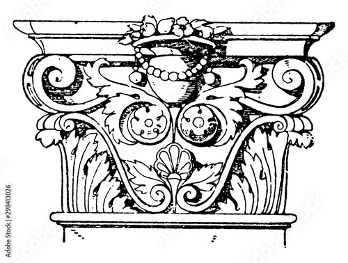 Corinthian Pilaster Capital, Colosseum,  vintage engraving.