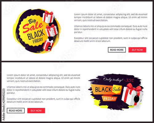 Black Friday sale, banners with presents in boxes vector. Discounts and special prices, reductions and surprises, autumn sellout on online sites templates