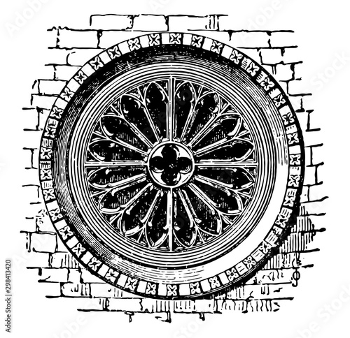 Rose Brickwork Window, cavernous spaces,  vintage engraving.