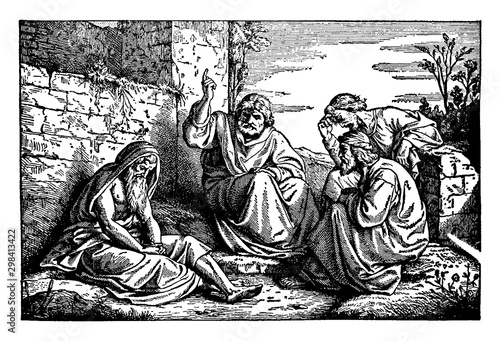 Job is Patient as His Friends Bemoan Him vintage illustration.