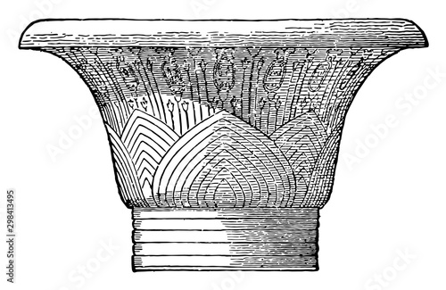 A Capital from Karnak, roofs,  vintage engraving.