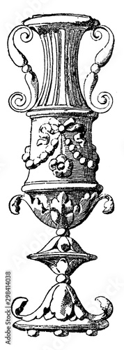 Fotografie Vase is a window pilaster of the Cancelleria in Rome, vintage engraving