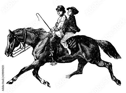 Children on a horse vintage illustration.