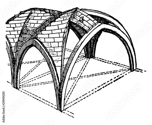 Groined Vault with Zigzag Ridge-Joints, as a double barrel vault,  vintage engraving.