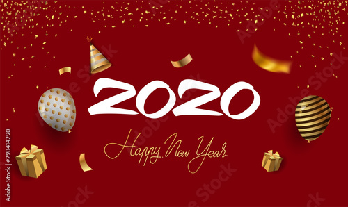 Happy New Year 2020 with glitter isolated on red background, text design gold colored, vector elements for calendar and greeting card.asic RGB