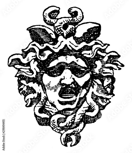 Tympanum Medusa Head is found in the arch of the entrance of the Royal Palace of Tuileries in Paris, vintage engraving.
