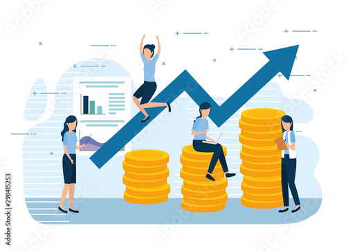 women of teamwork with pile coins and infographics vector illustration design