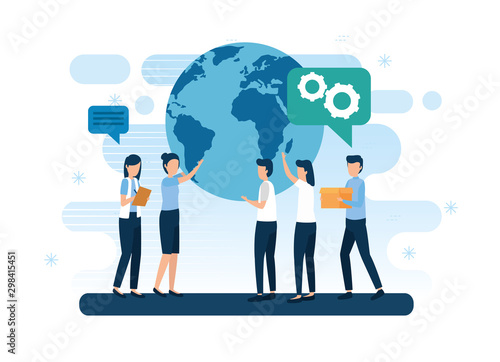 teamwork workers with planet earth and icons vector illustration design © Gstudio