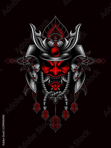 Samurai mask and helmet vector illustration with mandala as the background ornament, suitable for apparel merchandise, t-shirt or outerwear.