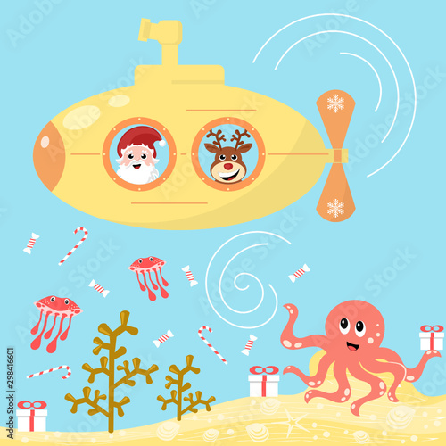 Santa Claus and reindeer in a yellow submarine delivering presents underwater