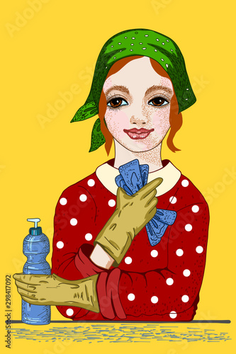Young housewife dressed in a red dress, a green polka dot scarf and yellow rubber gloves thoughtfully holds a detergent bottle and sponge for washing dishes in his hands, color detailed illustration 