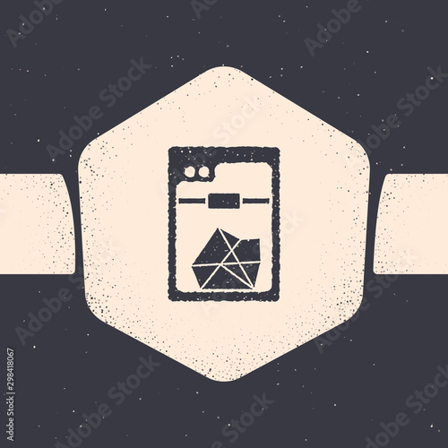 Grunge 3D printer icon isolated on grey background. Monochrome vintage drawing. Vector Illustration