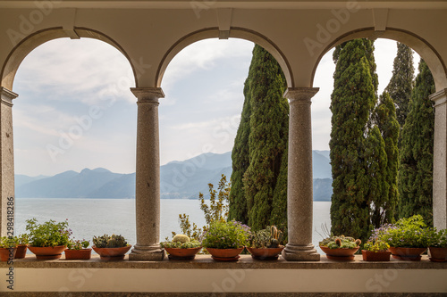 VARENNA / ITALY - JULY 2015: View to the garden from the entrance of Villa Monastero, in Varenna town, Italy