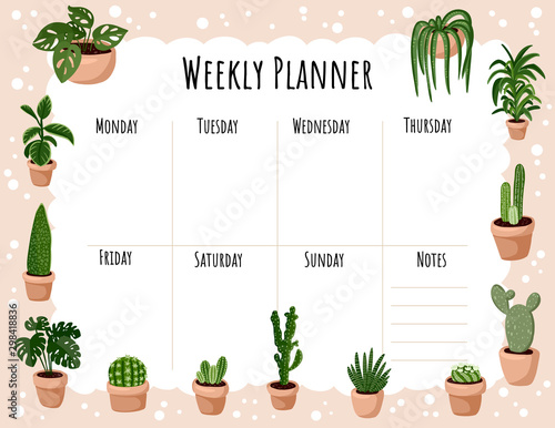 Cozy boho weekly planner and to do list with hygge potted succulent plants ornament. Cute lagom template for agenda, planners, check lists, and stationery