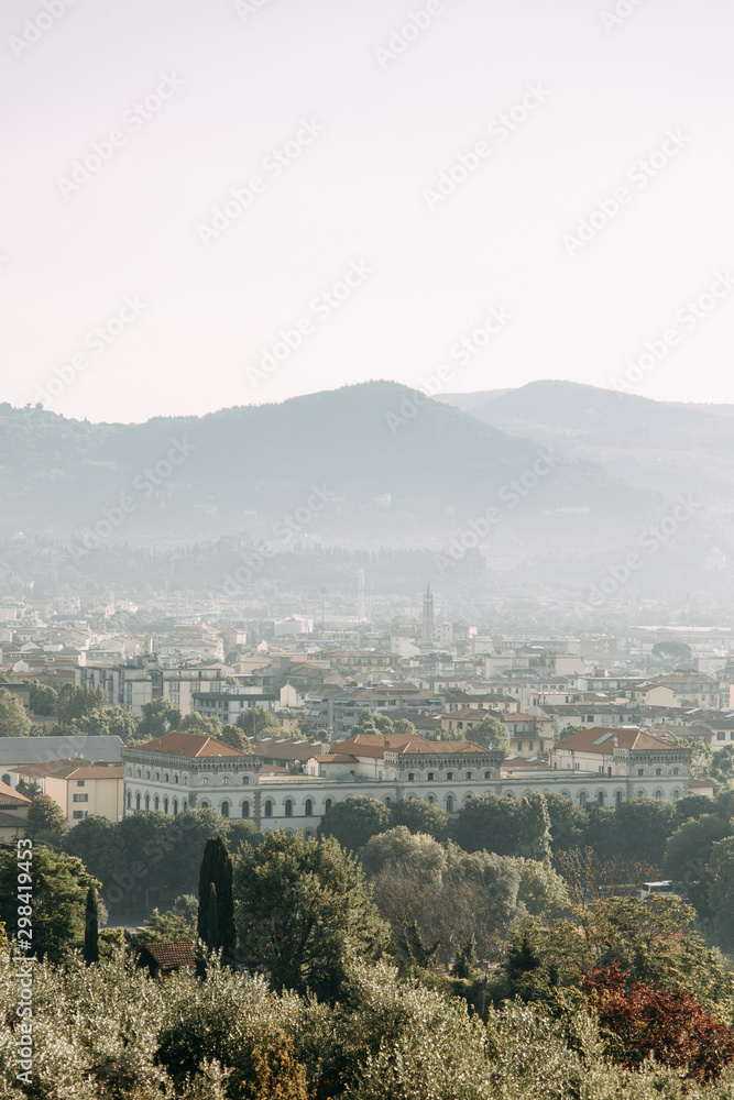 Panorama and sights of the old city. Morning and dawn in Florence.
