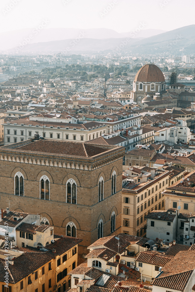 Panorama and sights on top view. Morning and dawn in Florence.