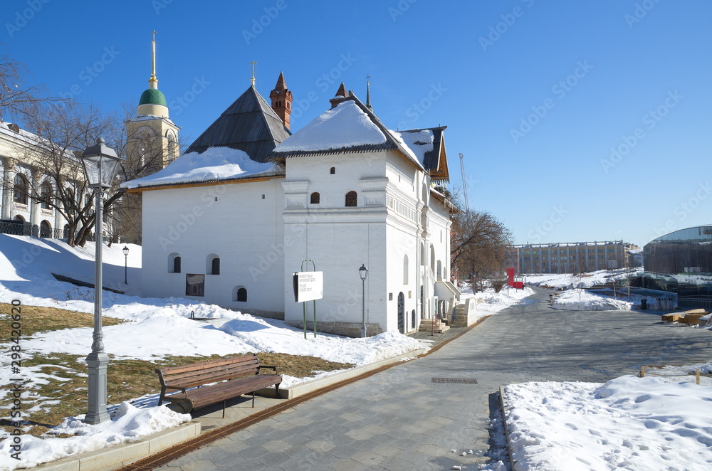 Moscow, Russia - March 19, 2018: A view of the street Varvarka street and the Museum 