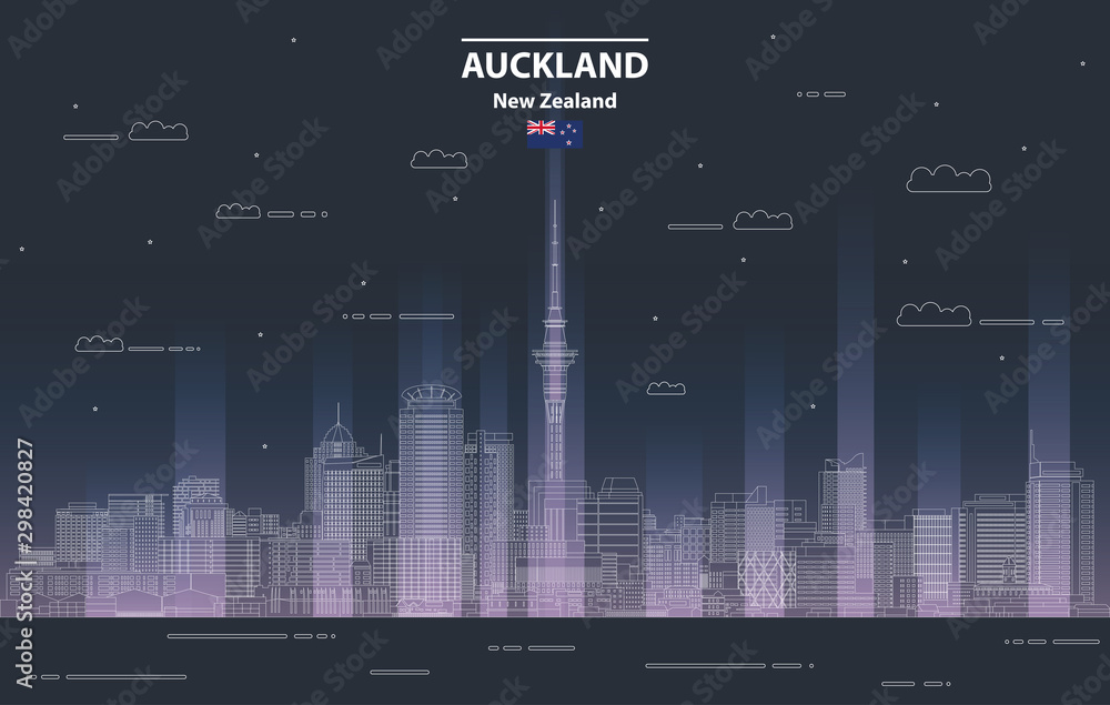 Auckland cityscape at night line art style vector illustration