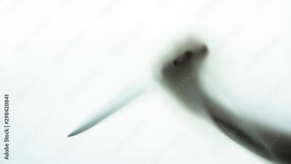 Blurred shadow of hand holding big sharp knife on white background.Robber,murderer or killer with knife.concept of scary crime scene of horror or thriller movies,Halloween theme Blurred shadow of hand holding big sharp knife on white background.Robber,murderer or killer with knife.concept of scary crime scene of horror or thriller movies,Halloween theme