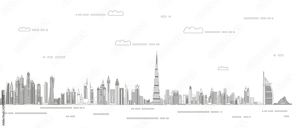 Plakat Dubai cityscape linii styl sztuka wektor szczegółowych ilustracji. Tło podróży