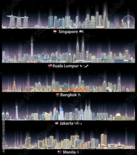 Singapore, Kuala Lumpur, Bangkok, Jakarta and Manila cityscapes at night. Vector illustrations