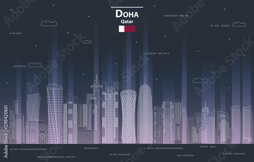 Doha cityscape at night line art style detailed vector illustration