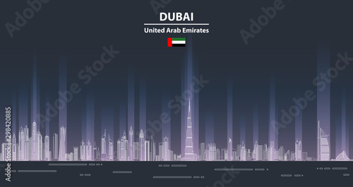 Dubai сityscape at night line art style vector detailed illustration