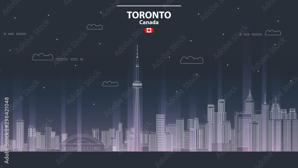 Toronto cityscape at night vector line art style illustration