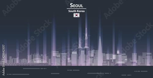 Seoul cityscape at night line art style detailed vector illustration